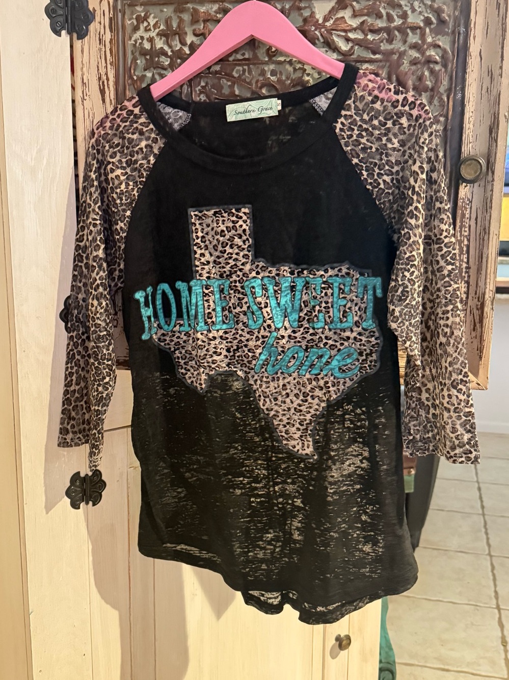 Home Sweet Home Leopard Raglan Top with Turquoise Applique